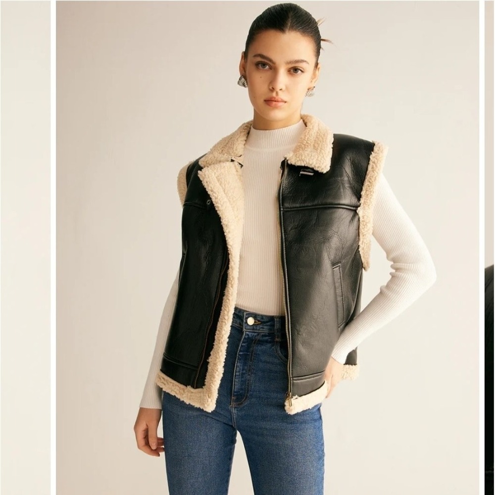COMMENSE Faux Sherpa Teddy Lined Vest Faux Leather Ski City Chic Buckle Moto